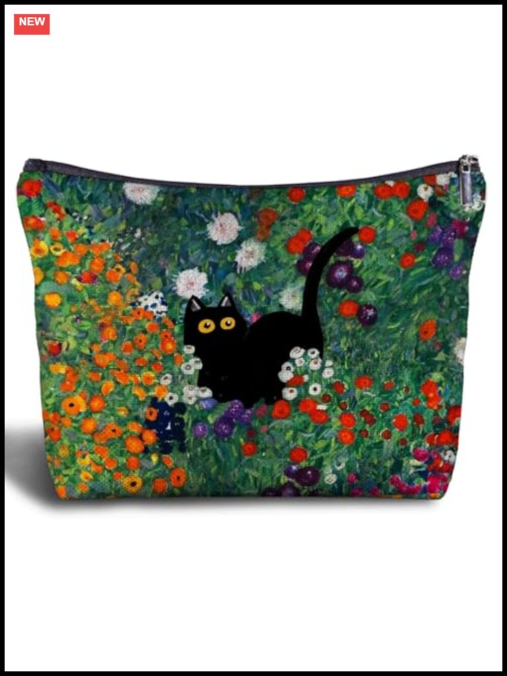 Linen Floral Cat Makeup Bag - Cosmetic Toiletry Travel Organizer for Cat Lovers
